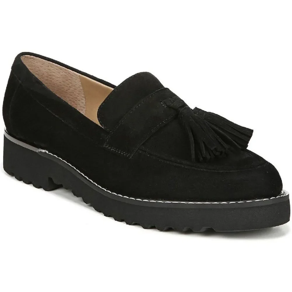Franco Sarto Womens Carolynn Black Dressy Slip On Lug Sole Loafers Shoes Used